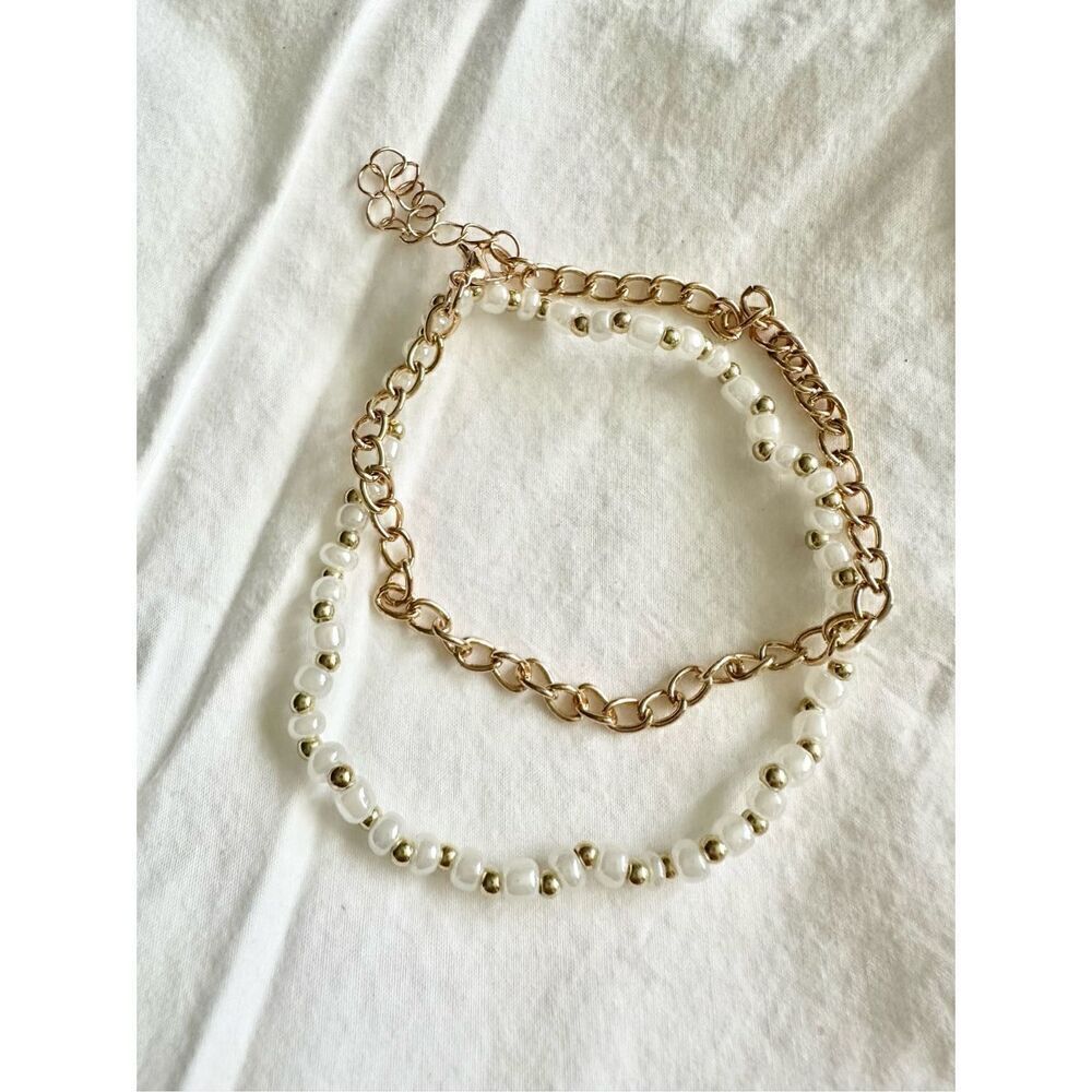 White and gold beaded bracelet with chain-link bracelet set of two